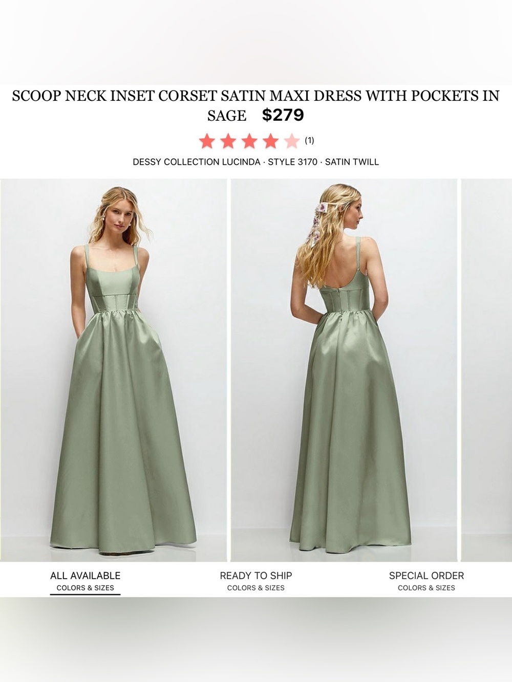 Dessy Collection Lucinda Satin Maxi Dress in Sage